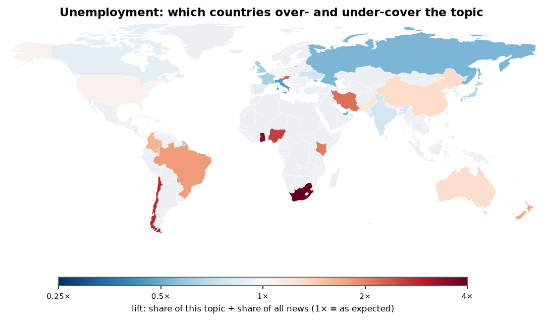 Unemployment: World map: over- and under-coverage by country against all located news