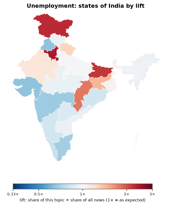 Unemployment: India: coverage by state against India's located news (official outline)