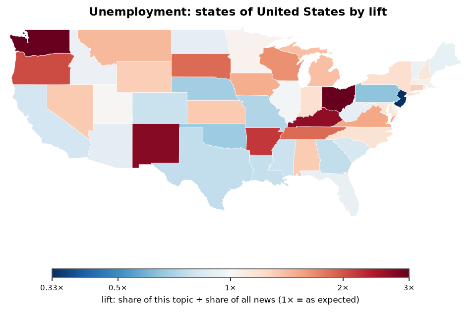 Unemployment: United States: coverage by state against US located news