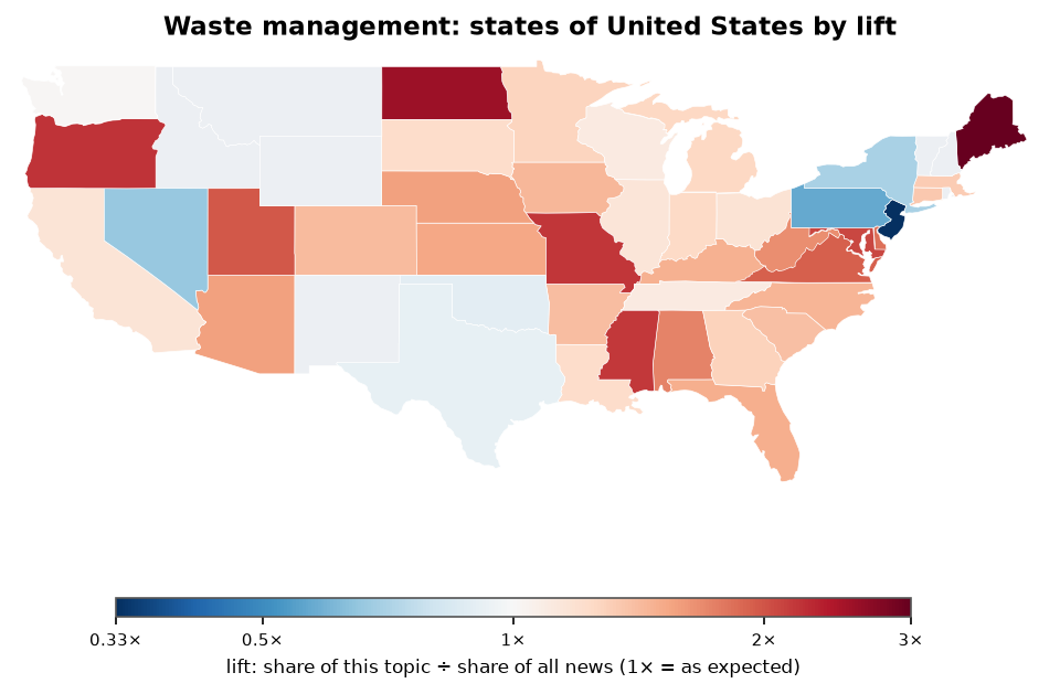 Waste management: United States: coverage by state against US located news