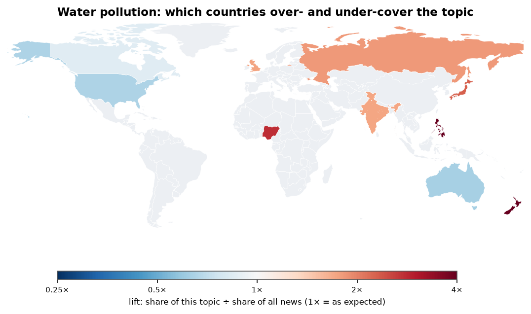 Water pollution: World map: over- and under-coverage by country against all located news