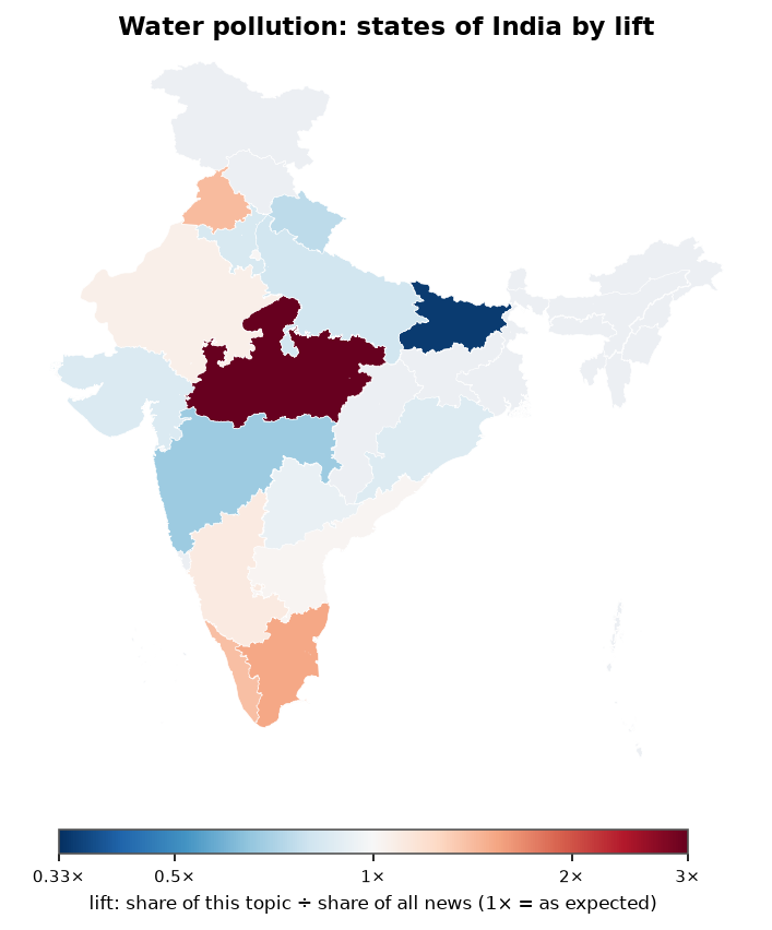 Water pollution: India: coverage by state against India's located news (official outline)