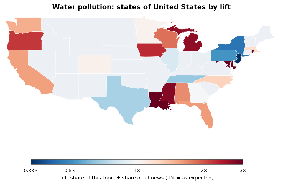 Water pollution: United States: coverage by state against US located news