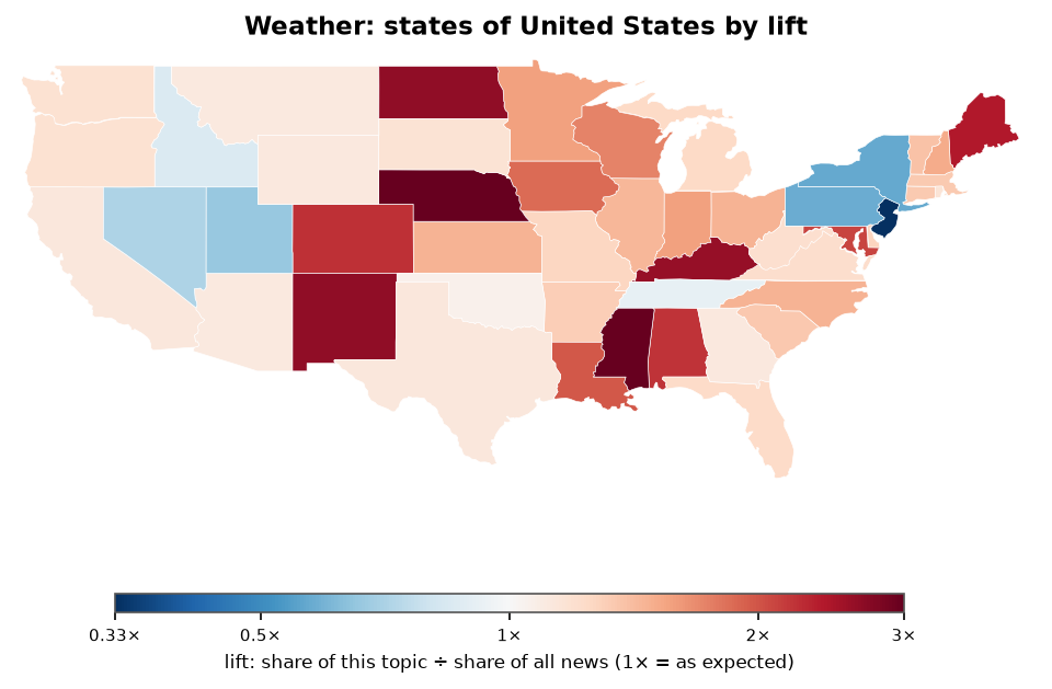 Weather: United States: coverage by state against US located news